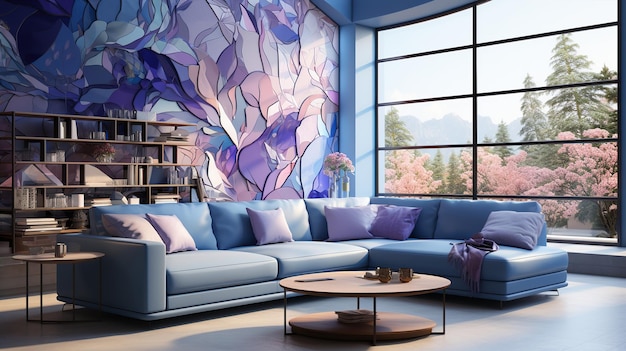 Wnętrze nowoczesnego salonu w tonacji fioletowych liliowych fioletów