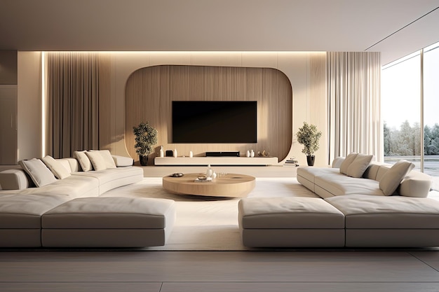 Wnętrze nowoczesnego salonu z białymi i drewnianymi ścianami, płytkowaną podłogą, wygodną kanapą i telewizorem