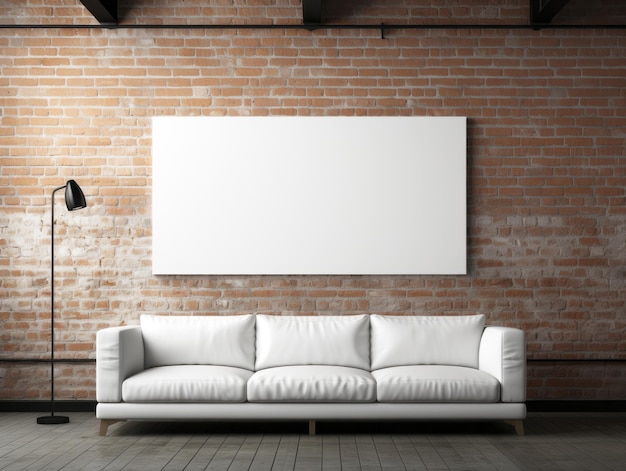 Zdjęcie wnętrze nowoczesnego salonu z ceglaną sofą i makietą plakatu generacyjna ai