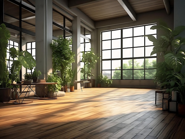 Wnętrze nowoczesnego salonu z drewnianymi meblami, panoramicznym oknem i roślinami