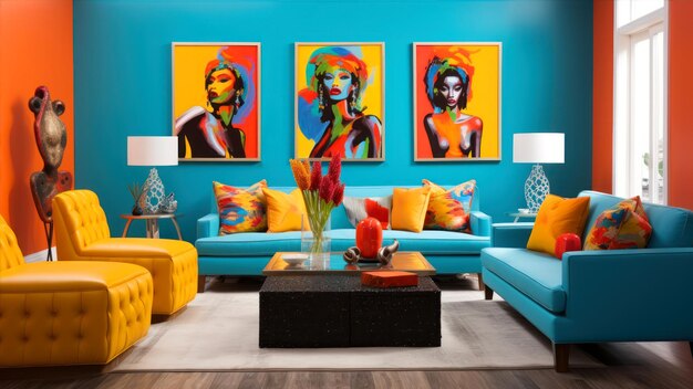 Zdjęcie wnętrze nowoczesnego salonu z niebieską kanapą i pomarańczowymi krzesłami