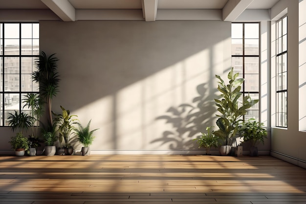 Wnętrze nowoczesnego salonu z oknem i roślinami