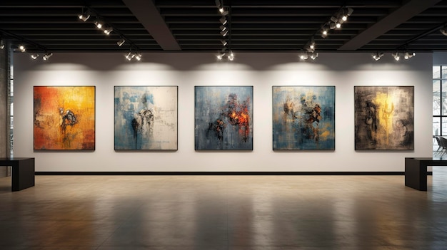 Wnętrze nowoczesnej galerii sztuki z abstrakcyjnymi obrazami wystawionymi na białych ścianach