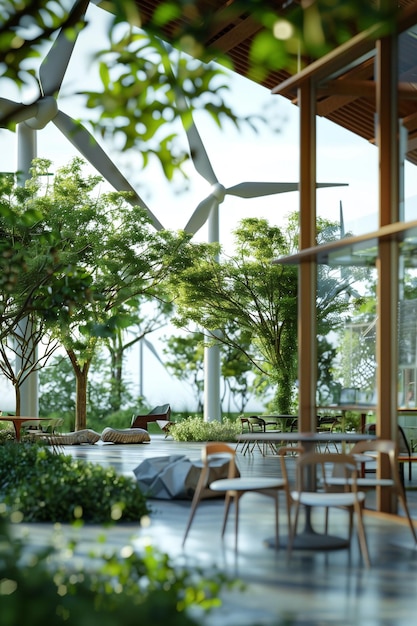 Wnętrze nowoczesnej kawiarni z drewnianymi stołami i krzesłami w ogrodzie