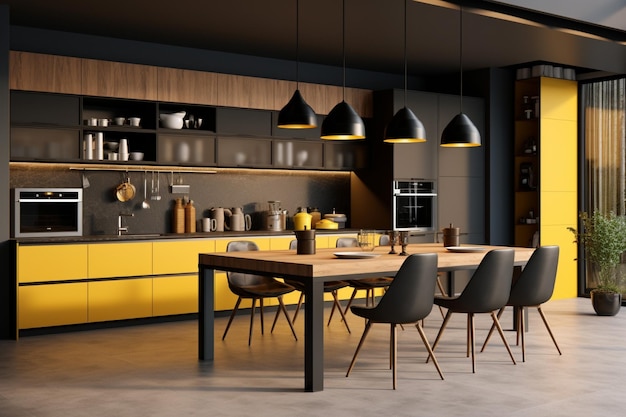 Wnętrze nowoczesnej kuchni z żółtymi i drewnianymi ścianami, betonową podłogą, czarnymi szafami i drewnianymi