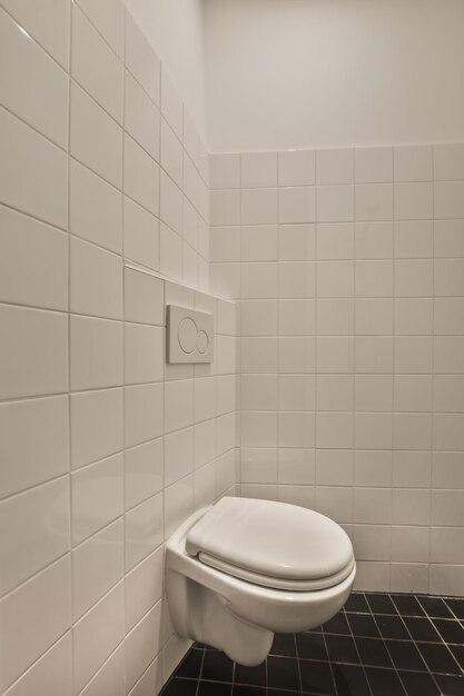 Wnętrze nowoczesnej łazienki wykonanej z biało-czarnych płytek z toaletą na zawiasach