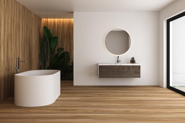 Wnętrze nowoczesnej łazienki z białymi i drewnianymi ścianami, podłogą i roślinami, wygodna biała wanna