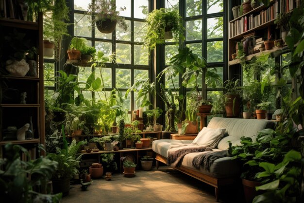 Zdjęcie wnętrze ogrodu botanicznego z zielonymi roślinami i kanapą pokój projektowania wnętrza z obfitością roślin ai generowane