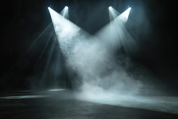 Wnętrze oświetlenie punktowe Realistyczne kierowane strumienie światła oświetlone mgła scena teatralna lub klub koncertowy reflektory promienie zimnej temperatury ilustracja generowana przez AI