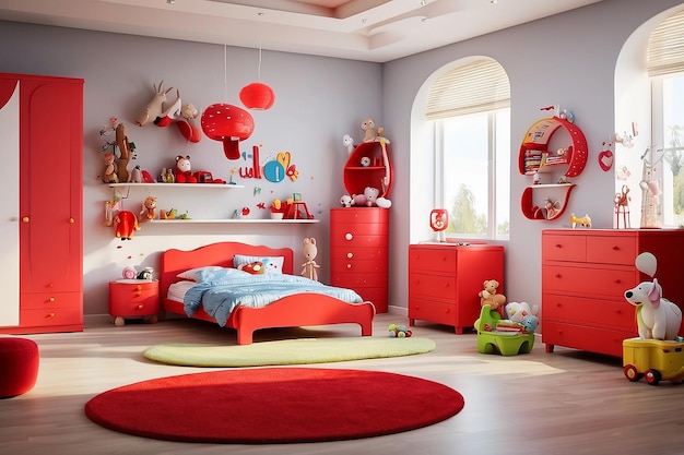 Wnętrze pięknego pokoju dla dzieci z czerwoną szufladą