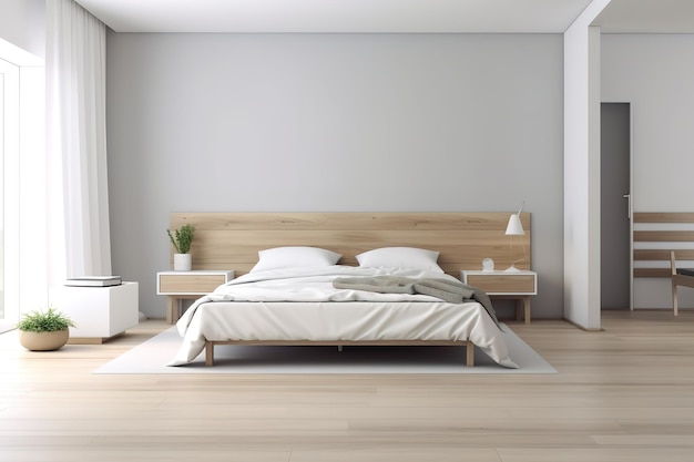 Wnętrze pięknej nowoczesnej sypialni z łóżkiem przed ścianą Generative AI