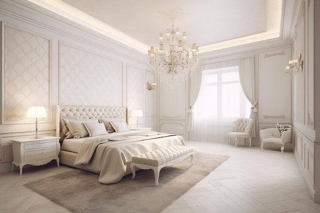 Wnętrze pięknej nowoczesnej sypialni z łóżkiem przed ścianą Generative AI