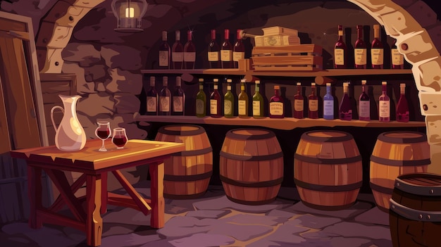 Zdjęcie wnętrze piwnicy winowej do przechowywania i degustacji napojów z winogron pomieszczenie w piwnicy z szklanymi butelkami w stojaku drewniane beczki na półkach butelki w pudełku na stole włosy i szkła z