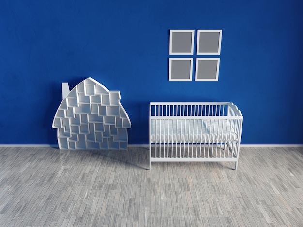 Wnętrze pokoju dziecięcego jest niebieskie Białe meble i zabawki renderowanie 3d