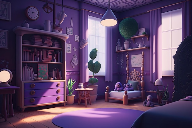 Zdjęcie wnętrze pokoju dziecięcego w kolorze fioletowym pod podróbką