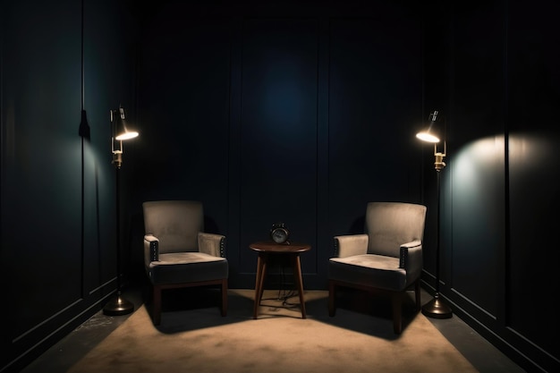 Wnętrze pokoju podcastów z dwoma pustymi krzesłami i reflektorami Generative AI