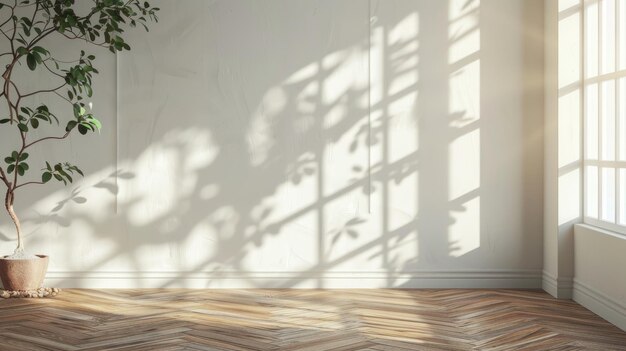 Wnętrze pokoju, pusta przestrzeń, tło, wzór światła słonecznego i cieni, ściany pomieszczenia, przytulny, letni, ciepły pokój z światłem słonecznym i liśćmi, cień, ilustracja generowana przez AI
