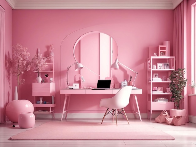 Wnętrze pokoju w monochromatycznym różowym kolorze z biurkiem i akcesoriami do pokoju