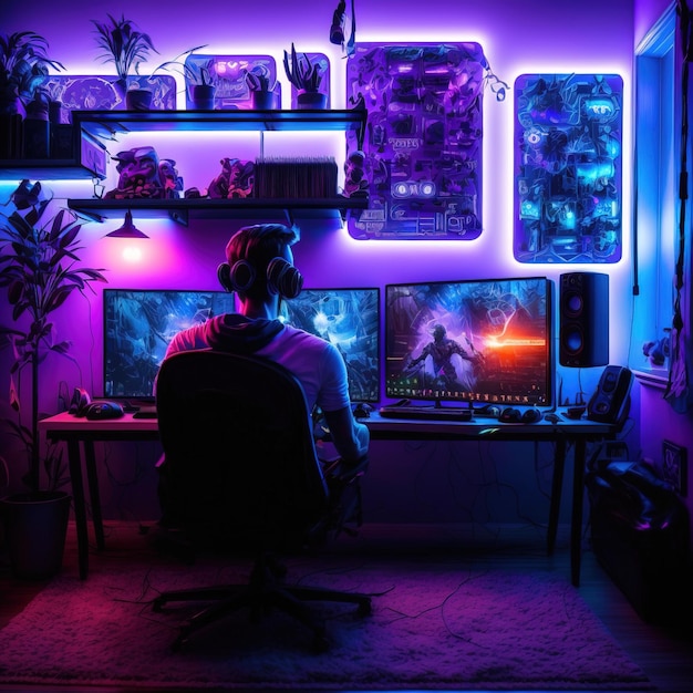 wnętrze pokoju z biurkiem do gier z efektem neonu i ekranami generatywnymi ai