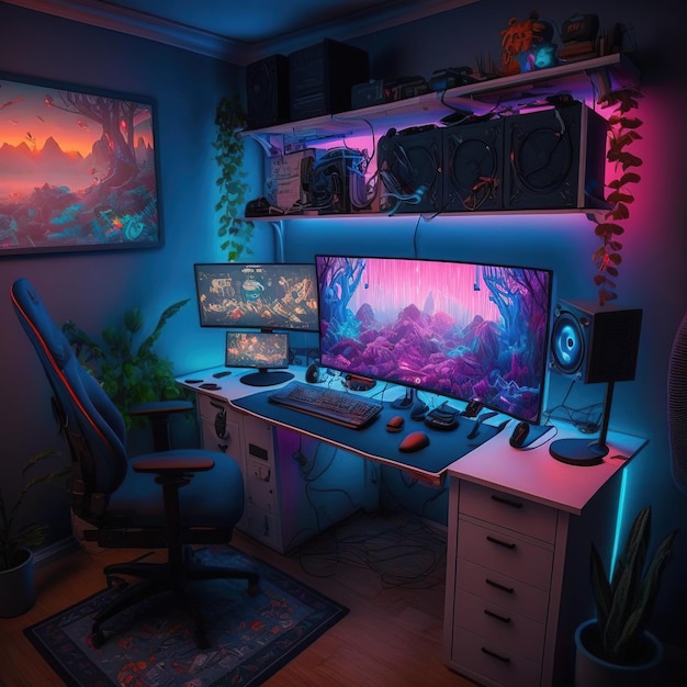 wnętrze pokoju z biurkiem do gier z efektem neonu i ekranami generatywnymi ai