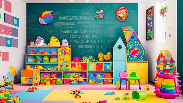 Wnętrze pokoju zabaw w ogrodzie dziecięcym wypełnione różnymi zabawkami i kolorowymi meblami
