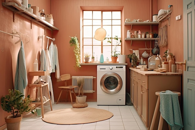 Wnętrze pralni z pralką przy ścianie
