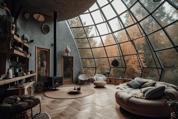 Wnętrze przytulnego ekologicznego domu w kształcie kopuły wykonanego ze szkła i drewna Projekt wnętrza zawiera naturalne elementy, tworząc ciepłą i zachęcającą atmosferę Generative AI