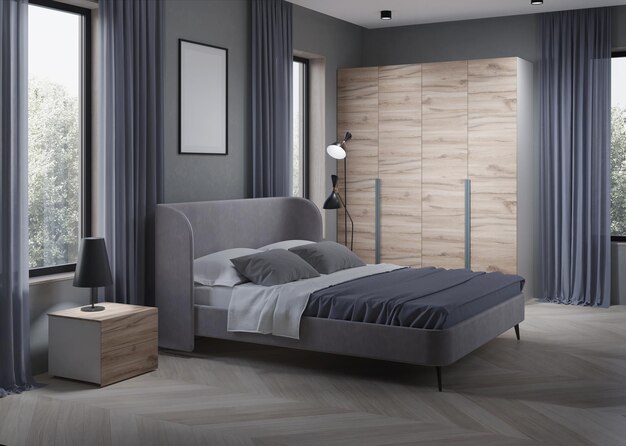 Zdjęcie wnętrze przytulnej sypialni w nowoczesnym stylu renderowania 3d