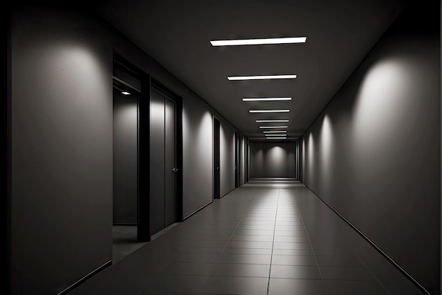 Zdjęcie wnętrze pustego korytarza z ciemnymi wykończeniami w urzędzie miejskim