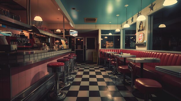 Wnętrze restauracji w stylu retro z czerwonymi kabinami winylowymi i karetowymi płytkami na podłodze Restauracja jest pusta, a światła są włączone