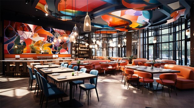 Wnętrze restauracji z czerwoną kanapą i dużą ścianą z obrazem tygrysa 3D