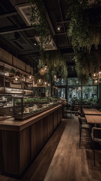 Wnętrze restauracji z dużym oknem i roślinami zwisającymi z sufitu.