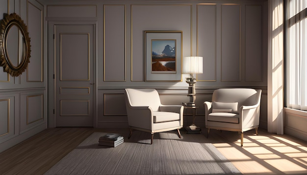 Zdjęcie wnętrze salonu umeblowanego mieszkania przytulna kanapa sofa drewniana podłoga generative ai