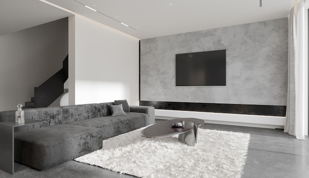 Wnętrze salonu w kolorze białym i szarym z sofą. ilustracja 3D
