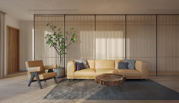 Wnętrze salonu w nowoczesnym stylu japońskim z drewnianymi pionowymi listwami w tleilustracja 3D