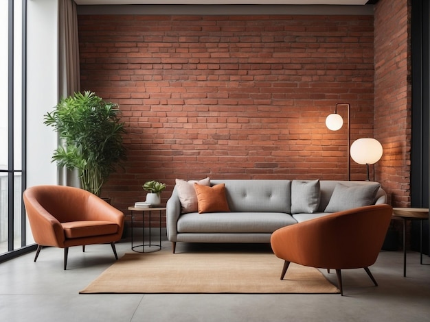 Wnętrze salonu z brązowymi ścianami z cegły, drewnianą podłogą, pomarańczową kanapą i stolikiem