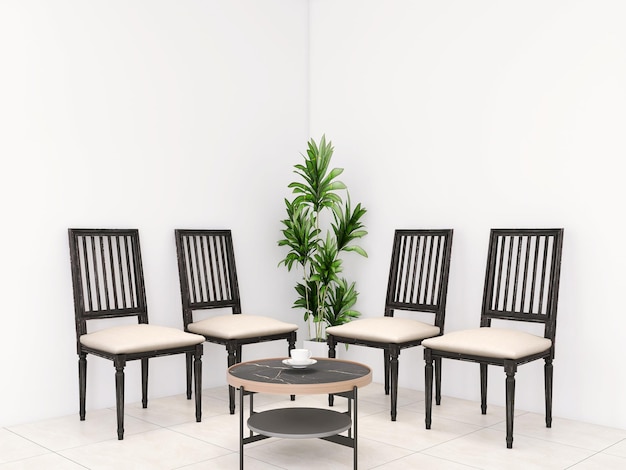 Zdjęcie wnętrze salonu z czterema krzesłami i stolikiem kawowym renderowania 3d