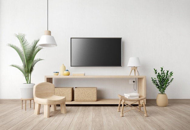 Wnętrze salonu z doniczką na krzesło z telewizorem i rośliną na tle białej ściany Minimalny styl