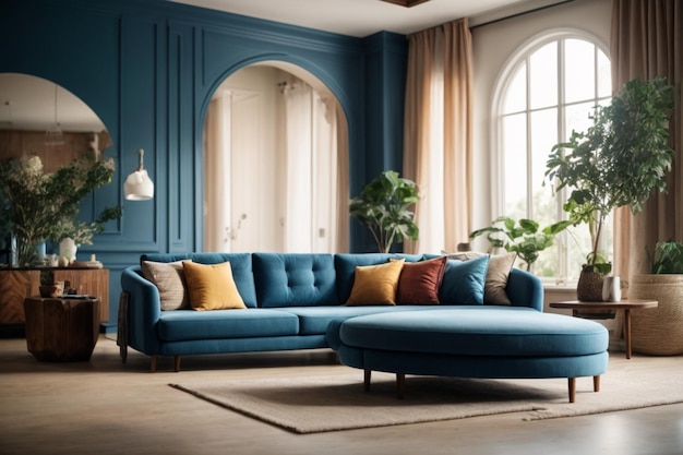 Wnętrze salonu z niebieską sofą