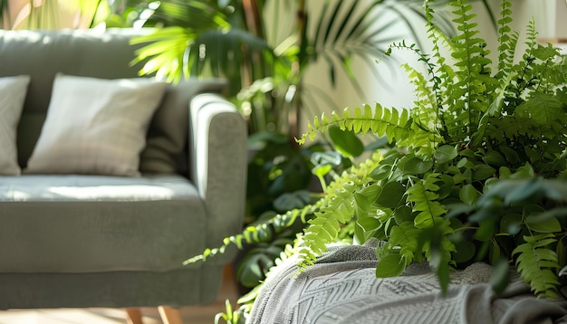 Zdjęcie wnętrze salonu z zielonymi roślinami domowymi i kanapami