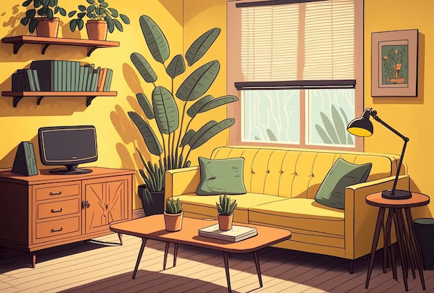 Wnętrze salonu z żółtą sofą i drewnianym stołem oraz rośliną