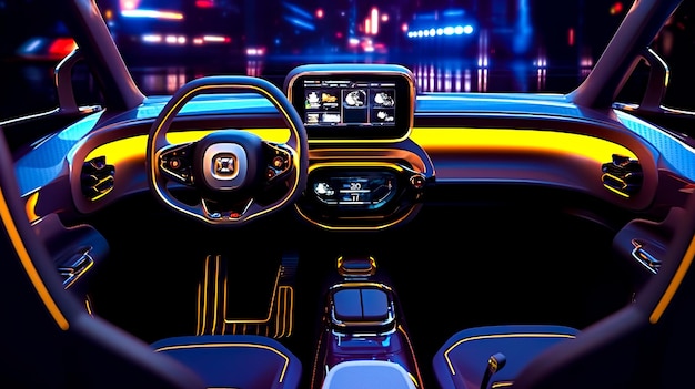 Wnętrze samochodu z deską rozdzielczą kierownicy i światłami rozdzielczymi Generatywna sztuczna inteligencja