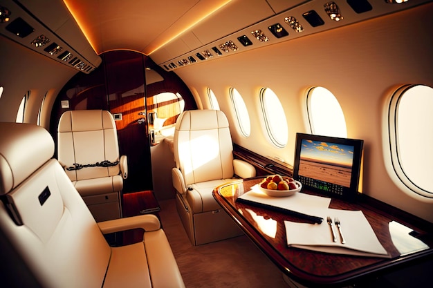 Wnętrze samolotu biznesowego do podróżowania do odległych miejsc na pokładzie generatywnego ai