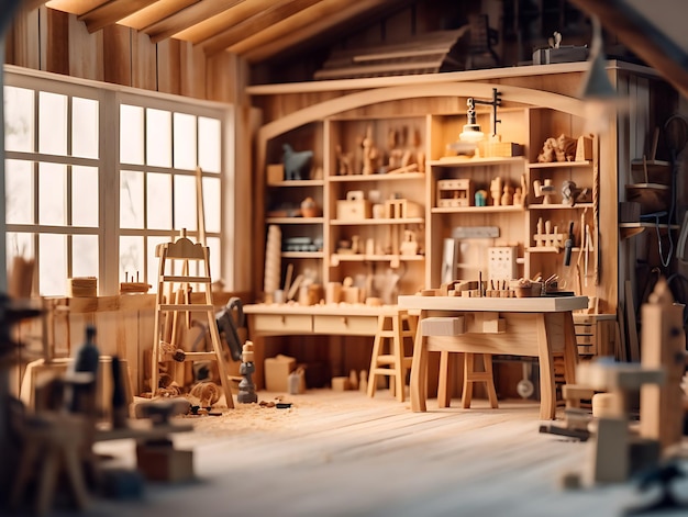 Wnętrze sklepu stolarskiego z drewnem i narzędziami w słoneczny dzień