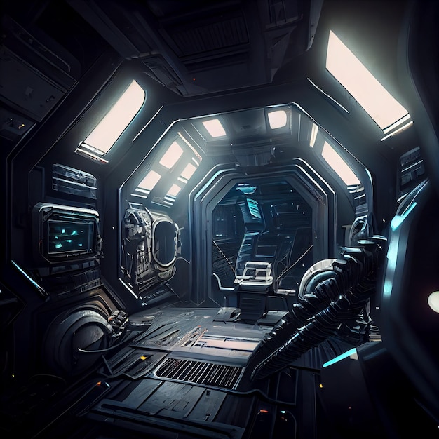 Wnętrze statku kosmicznego ciemny futurystyczny korytarz generujący sztuczną inteligencję