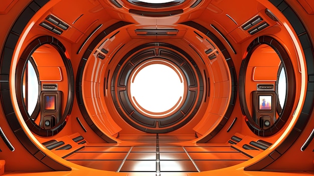 Wnętrze statku kosmicznego lub laboratorium w retro futurystycznym stylu sci-fi z okrągłymi drzwiami