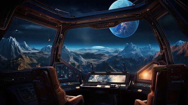 Zdjęcie wnętrze statku kosmicznego z widokiem z okna na obcą planetę 3d