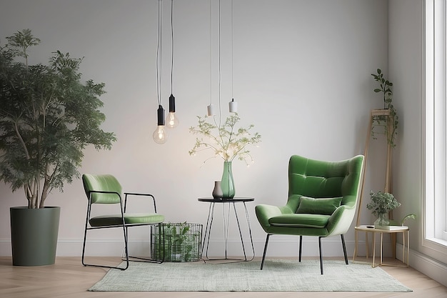 Wnętrze studia z zielonym krzesłem i białymi światłami