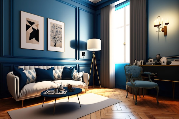 Wnętrze stylowego niebiesko-beżowego pokoju gościnnego z kanapą, toaletą i stolikiem kawowym na parkiecie, fotelem z lampą i minimalistyczną strefą relaksu