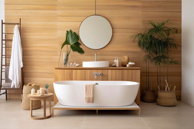 Wnętrze stylowej łazienki z drewnianą umywalką, wanną i lustrem